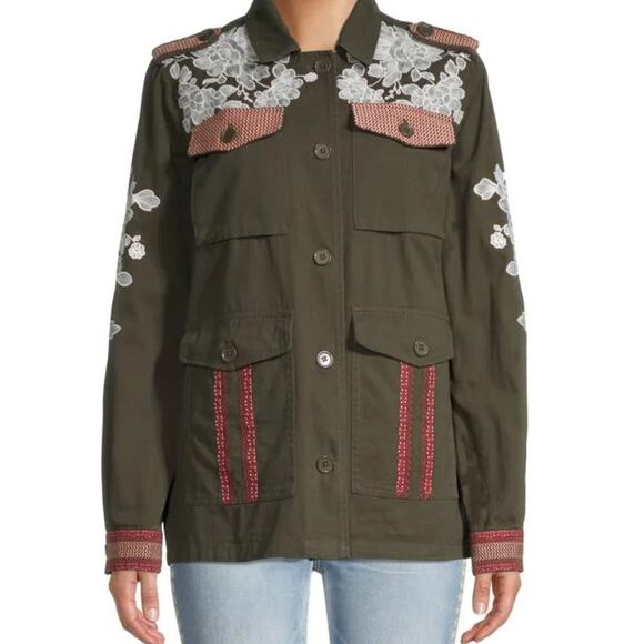 NWT Driftwood Womens Embroidered Military Jacket Green Size Medium - Picture 1 of 14
